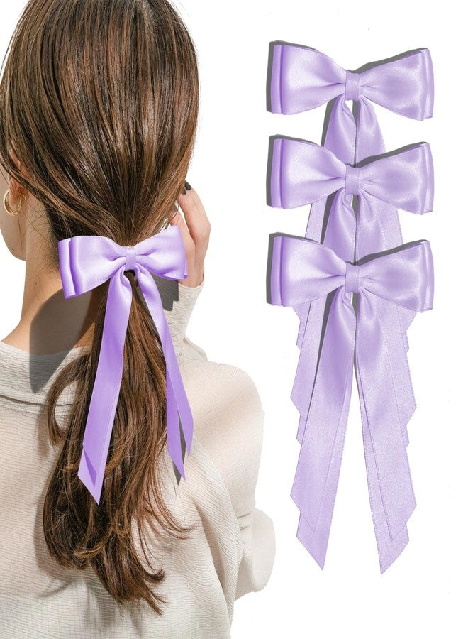 TULOBI 3pcs Light Purple Hair Bow Clip with Long Tail 7.8” Lilac Silky Satin Ribbon Barrettes Hair Bows with Alligator clips for Girls Women Spring Summer Easter Outfit Dress Accessory Gift - Image 1